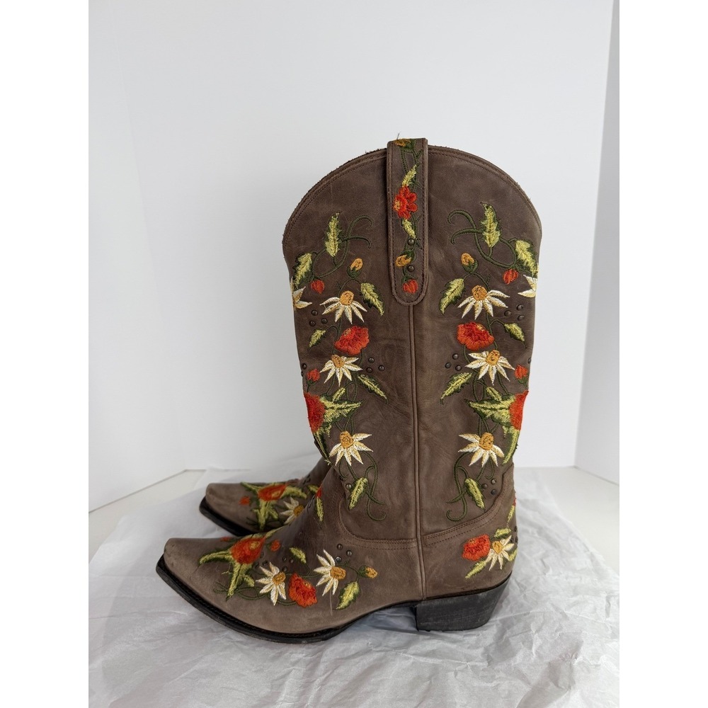 Lane Boots Western Embroidered Floral Wild Stitch Brown Leather Cowgirl 11 FLAWS - Picture 5 of 16